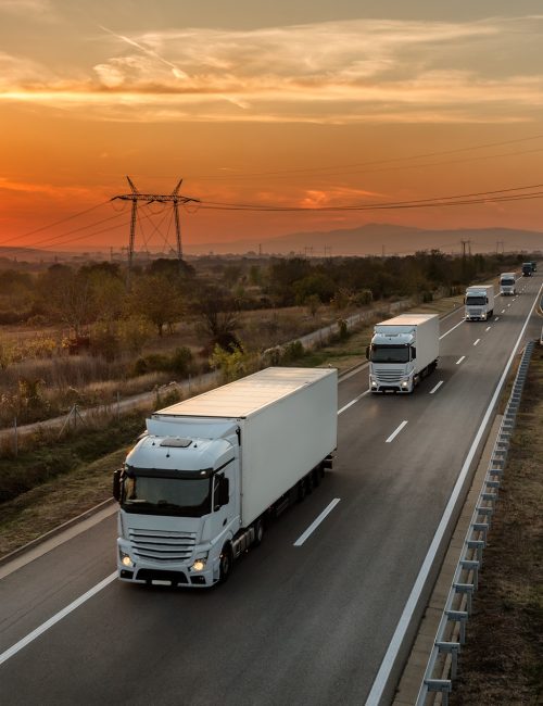 Convoy of blue lorry trucks on a country highway under amazing o